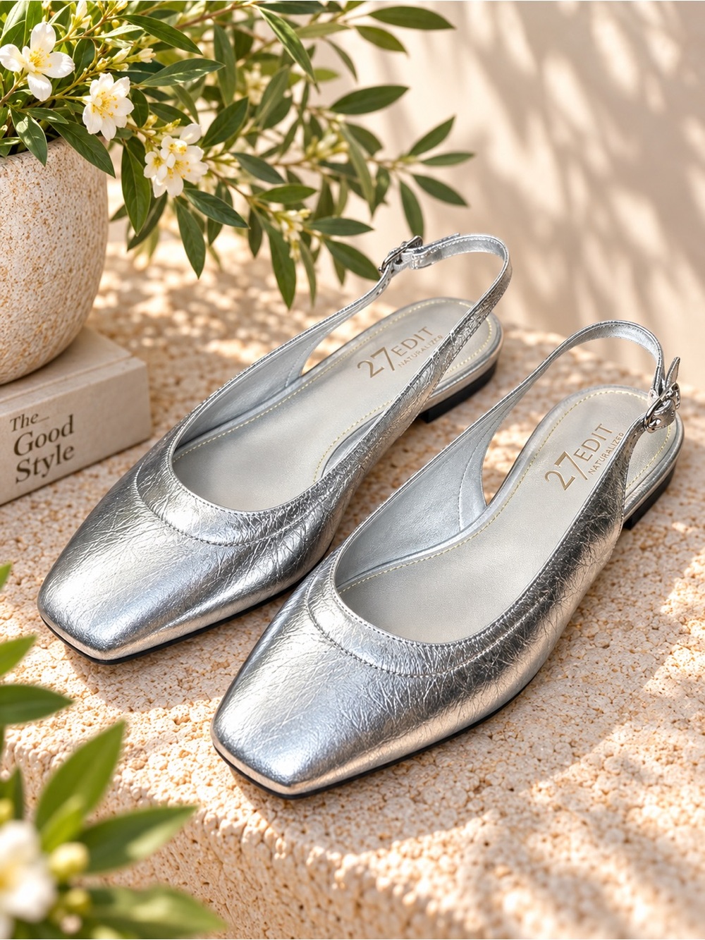 27 EDIT Naturalizer Crystal Silver Leather Slingback Ballet Flats Women’s 7.5